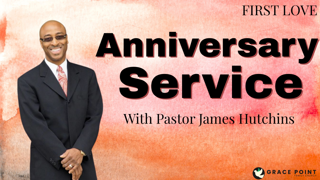 Pastor James Hutchins with a redish orange background and text saying "anniversary service with James Hutchins"