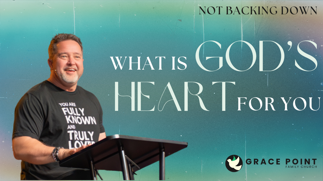 Pastor Lafe at a black podium with a blue background and text saying "what is God's heard towards you?"