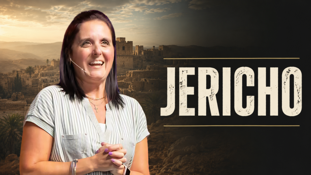 Smiling woman speaking on a stage with a large ‘JERICHO’ sign and desert backdrop behind her.