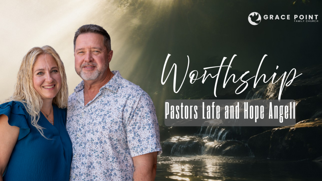 Pastors Lafe and Hope Angell standing together for a Worthship banner at Grace Point Church